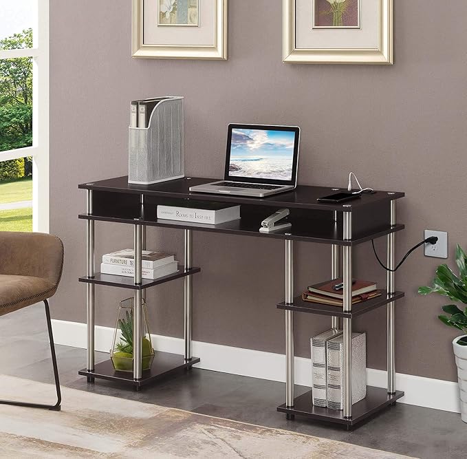 Convenience Concepts Designs2Go No Tools Student Desk with Charging Station and Shelves Espresso