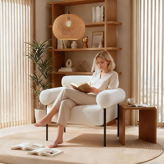 Modern Accent Chair Boucle Sofa Accent Chair for Living Room Upholstered Sherpa Mid-Century Modern Armchair Oversized Reading Chair with Channel Tufted for Bedroom Office White
