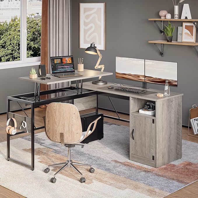 Bestier Versatile 60 Inch L-Shaped Standing Desk Lift Top Corner Desk Extending to 95 Inches with Storage Cabinet and Hooks for Home Office Washed Gray