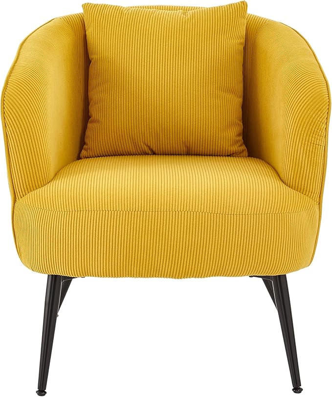 Modern Channel Corduroy Accent Chair with Black Metal Legs Luxurious Design and Comfortable Seating Ideal for Living Room Bedroom or Office Yellow