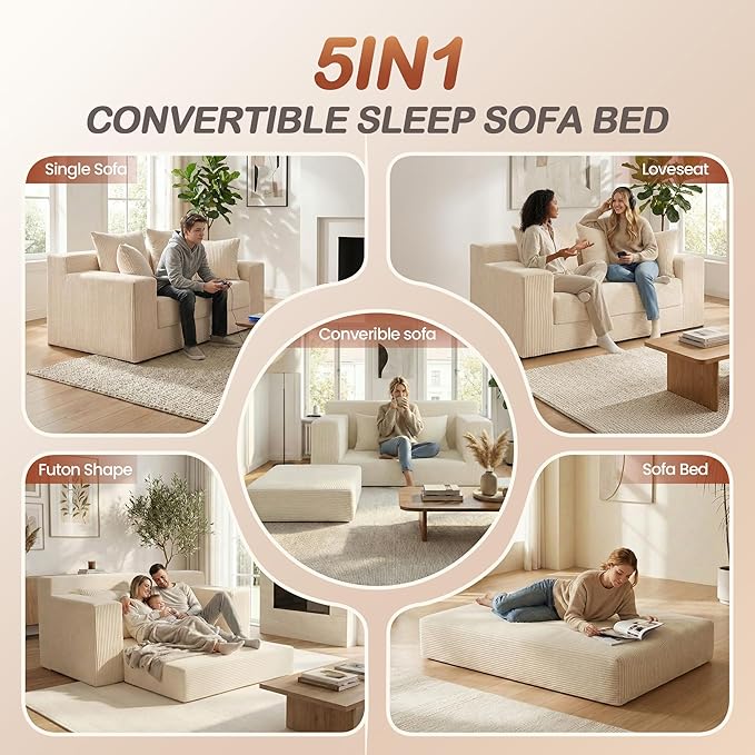Convertible Sofa Bed 5 In 1 Small Boneless Couch Pull Out Loveseat Sleeper SofaCorduroy Futon Couch Folding Mattress with 4 Pillows for Living Room Bedroom Lounge (No Assembly) (Beige 58Inch)