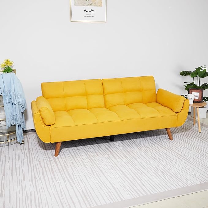 ERYE Modern Convertible Tufted Futon Sofa Bed Split Adjustable Backrest Loveseat Sofabed W/Removable Padded Armrests and Wood Legs for Living Space/Guest Room