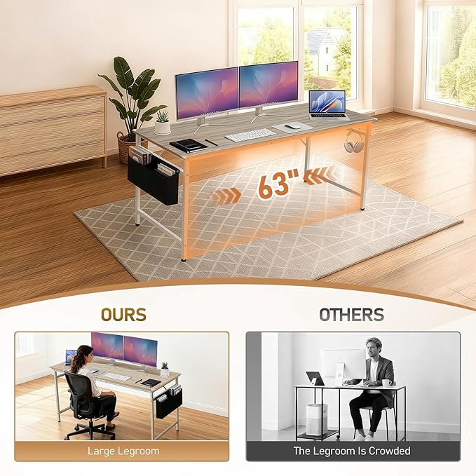 VINGLI 63 Inch Computer Office Modern Simple Gaming Desk with Side Fabric Drawer &amp Hook Up Wear-Resistant Surface Writing Desk Work Desk for Bedroom Living Room Oak Grey