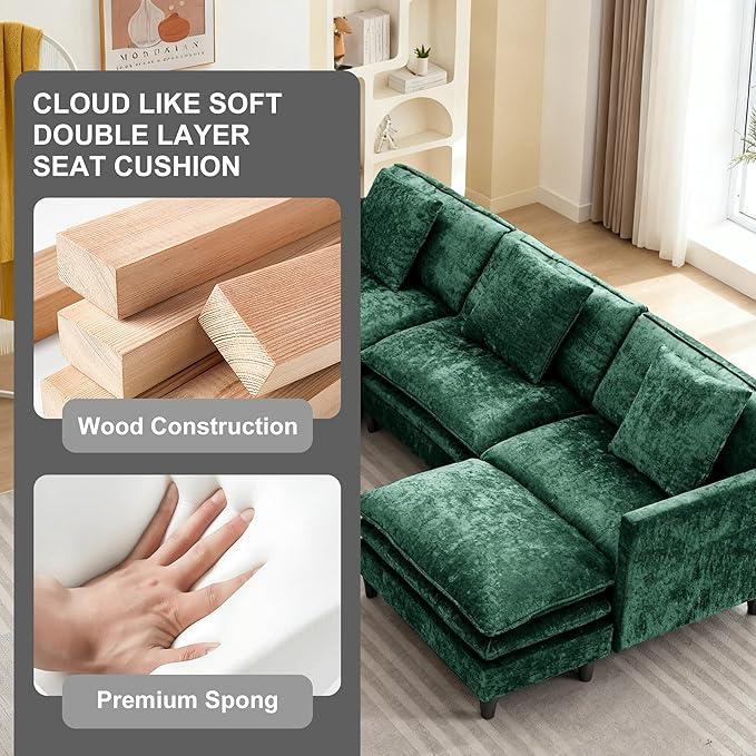 Modular Sectional Sofa143.31'' Modern Sofa Sleeper CouchComfy Cloud Couches with 3 Seat &amp 2 Ottoman &amp 3 Pillows Sofa SetDeep Seat Sofa with Movable Ottoman for Living RoomChenille(Green U