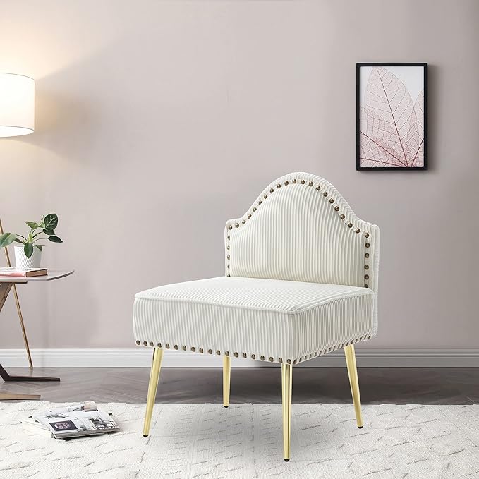Modern Upholstered Pleated Velvet Accent Chair Tufted Dining Office Chairs Armless Slipper Chair Mid-Century Side Chair Single Luxury Sofa Chair with Golden Legs for Living Room Small SpaceBeige