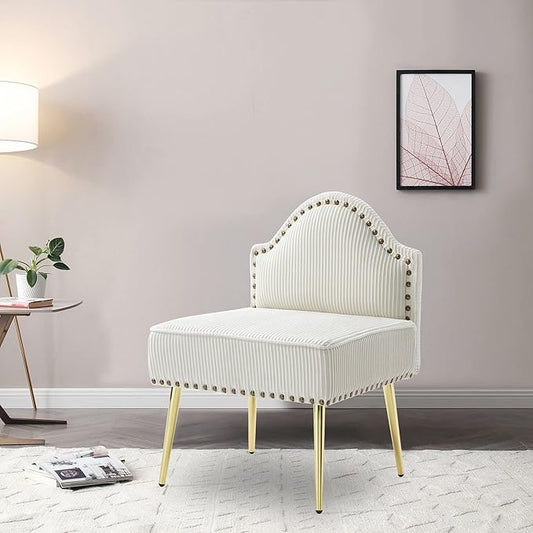 Modern Upholstered Pleated Velvet Accent Chair Tufted Dining Office Chairs Armless Slipper Chair Mid Century Side Chair Single Luxury Sofa Chair with Golden Legs for Living Room Small SpaceBeige