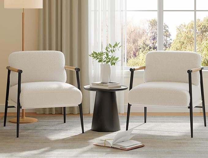 GarveeHome White Comfy Chair Set of 2 Modern Accent Chair with Metal Frame Cozy Reading Chair with Soft Cushion &amp Wood Armrest for Bedroom Living Room White Set of 2