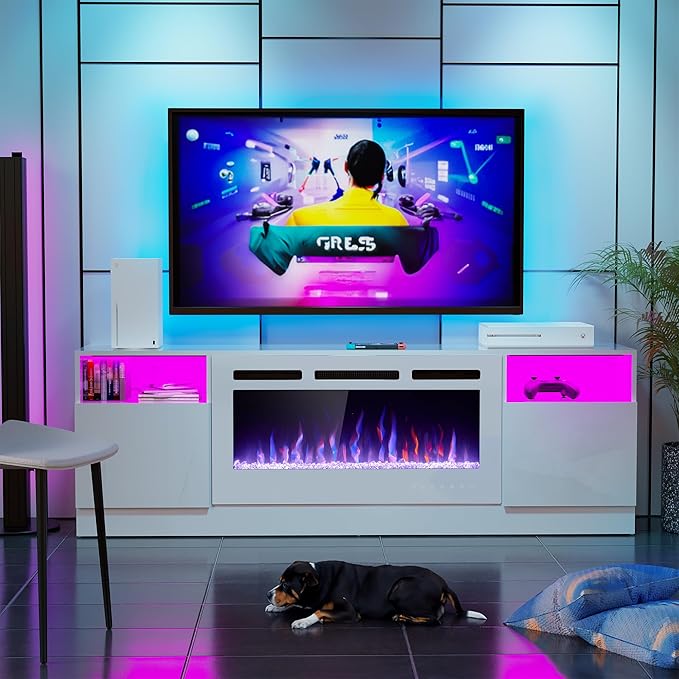 AHB Fireplace TV Stand LED Light Entertainment Center with 36 Electric Fireplace and Storage Cabinet Media Console Table for TVs Up to 80 Inches Ideal for Living Room 70 Inches (All White)