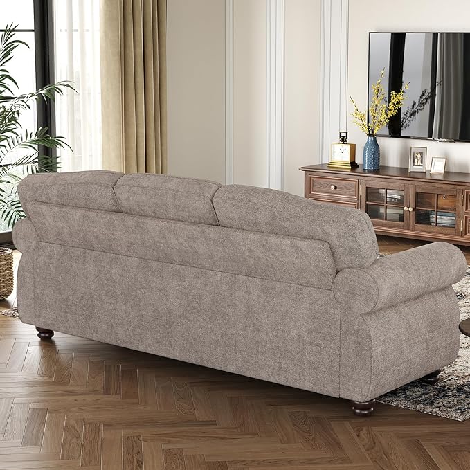 ONBRILL 90 Inch Rolled Arm Sofa for Living Room Deep Seat Nailhead Trim Couch Comfy 3 Seater Chenille Couch w/Wooden Leg Springs Seat Cushion Large Traditional Sofa for Farmhouse Beige