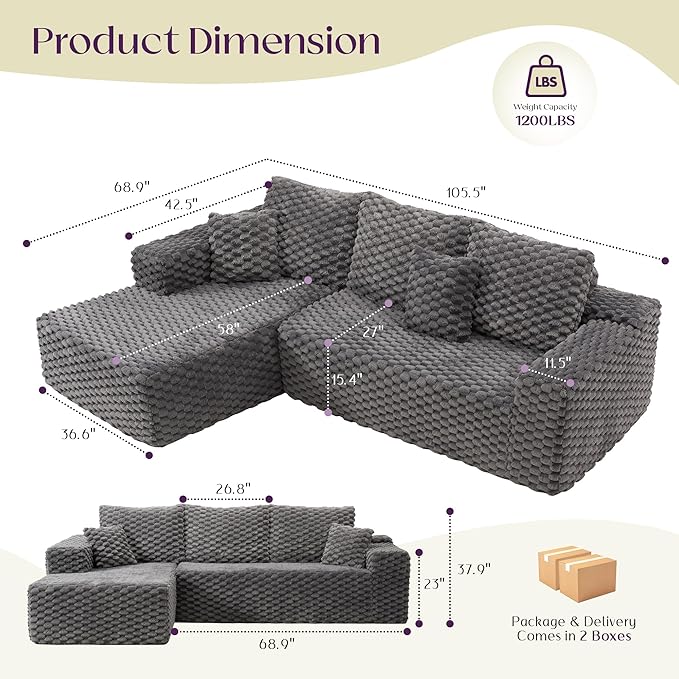 VanAcc 106’’ Oversized Modular Sectional Sofa Deep Seat Cloud Couch with Corduroy Upholstery L Shaped Boneless Sofas Easy No-Assembly Lounge Couches for Living Room Grey