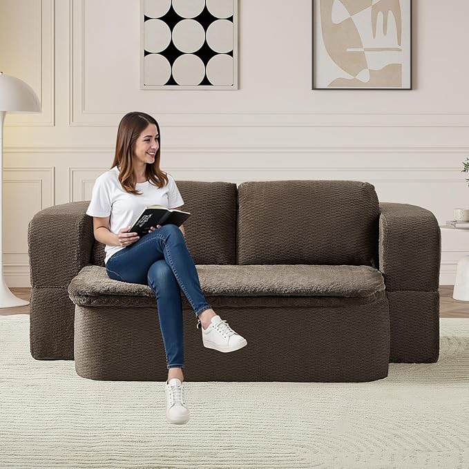 Convertible Folding Sofa Bed 75 Futon Floor Couch Modular Sleeper Loveseat Sectional Couches Boneless Cloud Plush Fluffy Fabric for Living Room Guest Room No Assembly Required Brown