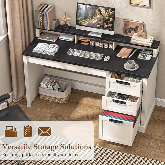 Vabches 55 Farmhouse Executive Desk with 3 Drawers Wooden Computer Desk with Keyboard Tray Home Office Desk with File Drawer (Fits A4 Size) for Work and Study White and Black