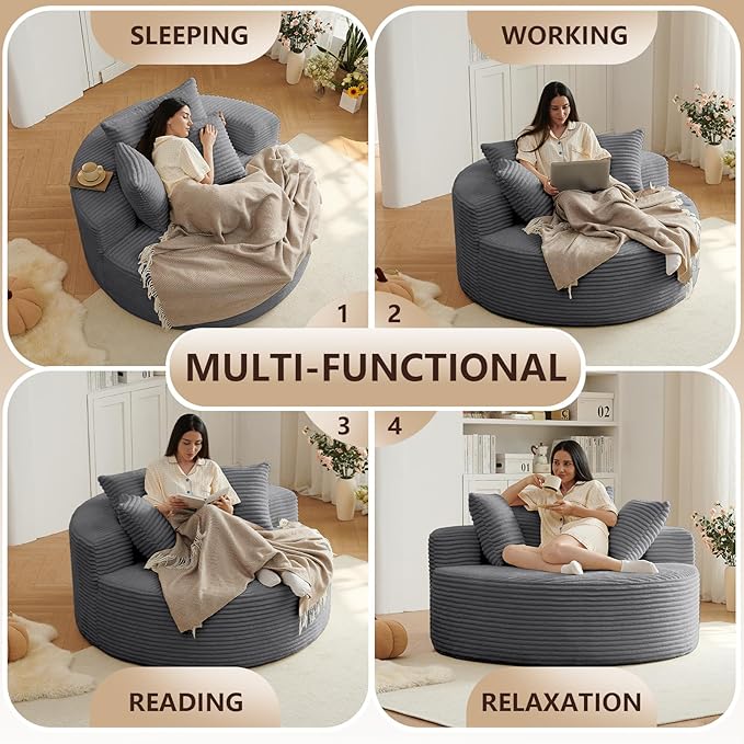 55'' Oversized Round Chair Lounge Chaise Indoor Cloud Boneless Large Circle Chair with Plush Corduroy No Assembly Required Fluffy Modern Sleeper Sofa Bed for ReadingLiving RoomBedroom(Dark Grey)