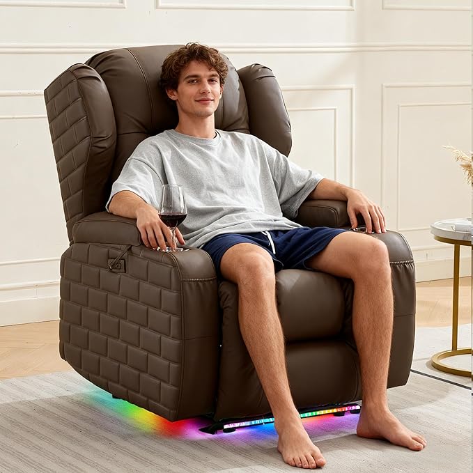 Wall Hugger Power Recliner Chair with Heat and Massage Overstuffed Reclining Sofa Chair for Living Room Home Theater RV with 3-Side LED Lights/Cup Holders/USB &amp Type C Port (Coffee)