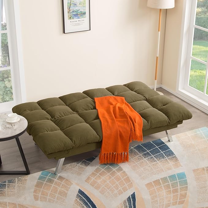 67” Convertible Futon Couch Bed Adjustable Pillow Top Arm Memory Foam Cloud Futons Loveseat Modern Light Gray Corduroy Mini Small Sofa Couches for Living Room