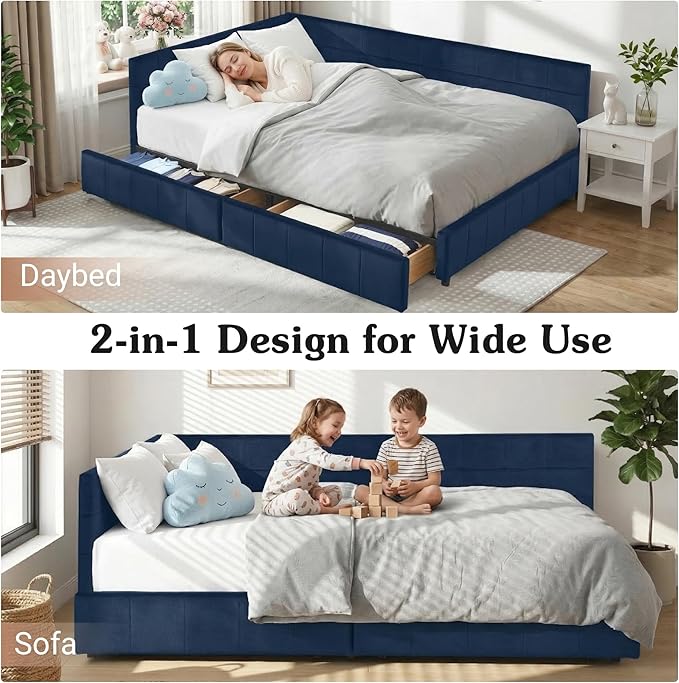 Queen Corner Bed Frame with Storage Drawers Modern Velvet Upholstered Sofa Day Bed Frame with Wood Slats for Living Room Bedroom Guest Room No Box Spring Needed Dark Blue