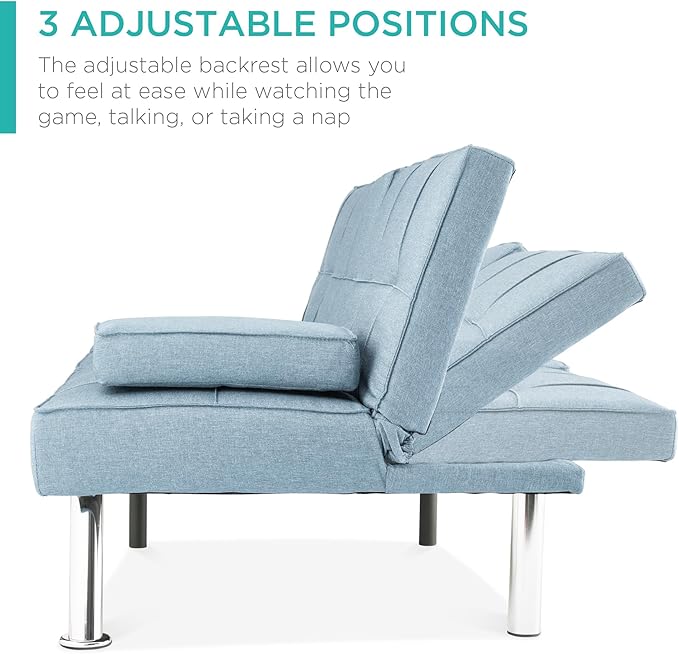 Best Choice Products Linen Modern Folding Futon Reclining Sofa Bed for Apartment Dorm w/Removable Armrests 2 Cupholders - Light Blue