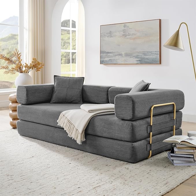 Convertible Folding Sofa Bed Modern Futon Sleeper Sofa Fold Out Couch Bed with Gold Fixed Frame Modular Floor Sofas Comfy Corduroy Boneless Couches for Living Room (78 Grey)
