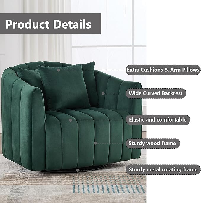 40 Inch Barrel Swivel Chairs with 3 PillowsGreen Velvet Swivel Chairs for Living RoomModern Accent ChairLarge Armchair 350lbs