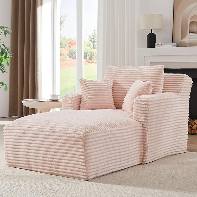 Oversized Chaise Lounge Chair Indoor Modern Corduroy Lounge Couch Comfy Upholstered Sleeper Sofa with Throw Pillows Fluffy Reading Chair Bed for Living Room Pink