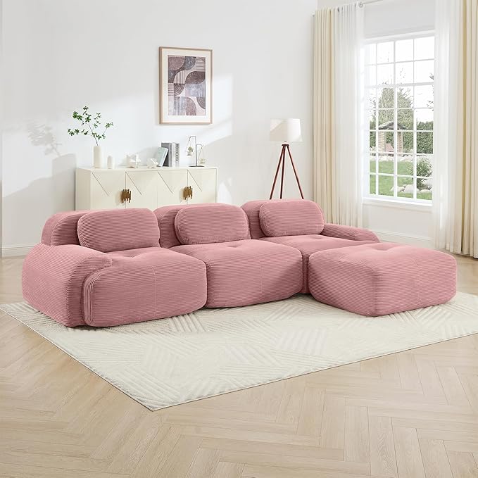 117 Boneless Couch L-Shaped Modular Sectional Sofa for Living Room Compressed Sofa with Deep Seat Corduroy Cloud Couch with Ottoman No Assembly Needed