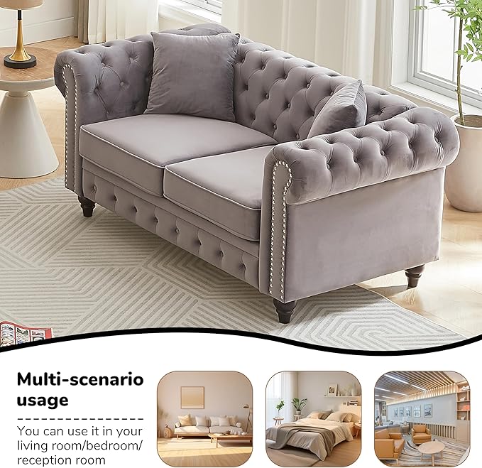 63.5 Velvet Oversize Chesterfield Grey Loveseat Sofa Rolled Arms Modern Sofa with Button Design and 2 Cushions for Living Room (Grey 63.5 Loveseat Sofa)