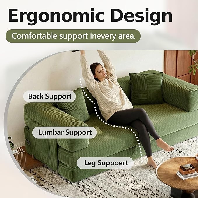 79 Convertible Sofa Bed Corduroy Folding Mattress Couch with Fixed-Shape Frame Boneless Couch for Living Room No Assembly Needed (Green)