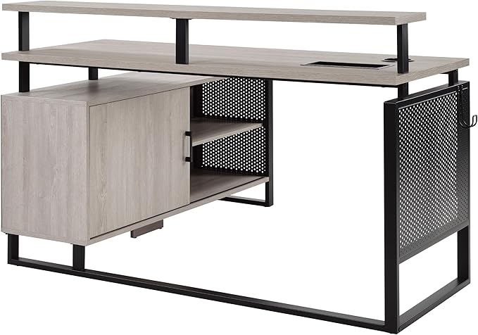 OSP Home Furnishings Ace Contemporary Modern Home Office Desk with Shelf L-Shape with Grey Taupe Finish