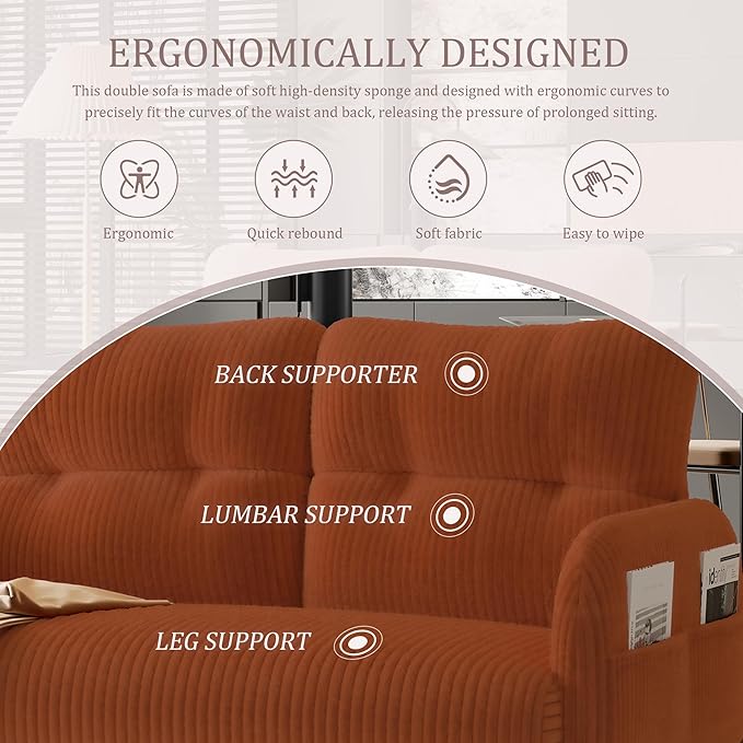 47 Modern Loveseat Couch Sofa Corduroy Fabric Armchair Upholstered 2-Seat Loveseat Sofa for Small Space Living Room Bedroom Apartment Orange