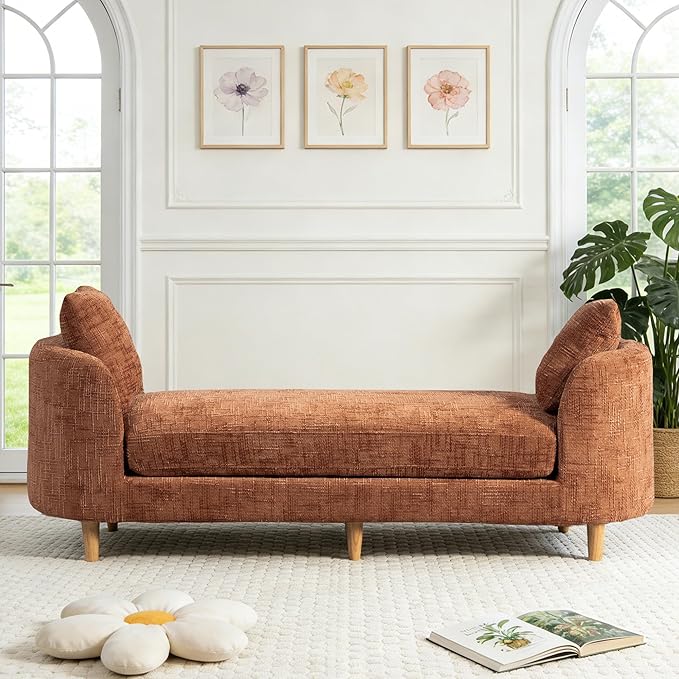 Mlmh &amp Kngwa Chaise Lounge Chair Indoor 77.2 King Size Bedroom Bench with 2 Bolster Pillows &amp Armrests Upholstered Daybed Couch for Living Room Hallway Chenille Orange