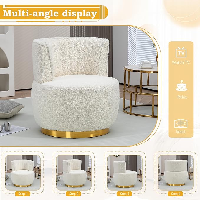 SLEERWAY 360° Swivel Barrel Chair Modern Teddy Round Accent Chair Comfy Upholstered Small Armchair with Gold Metal Base for Living Room Bedroom Nursery Sillas para Sala Cream White