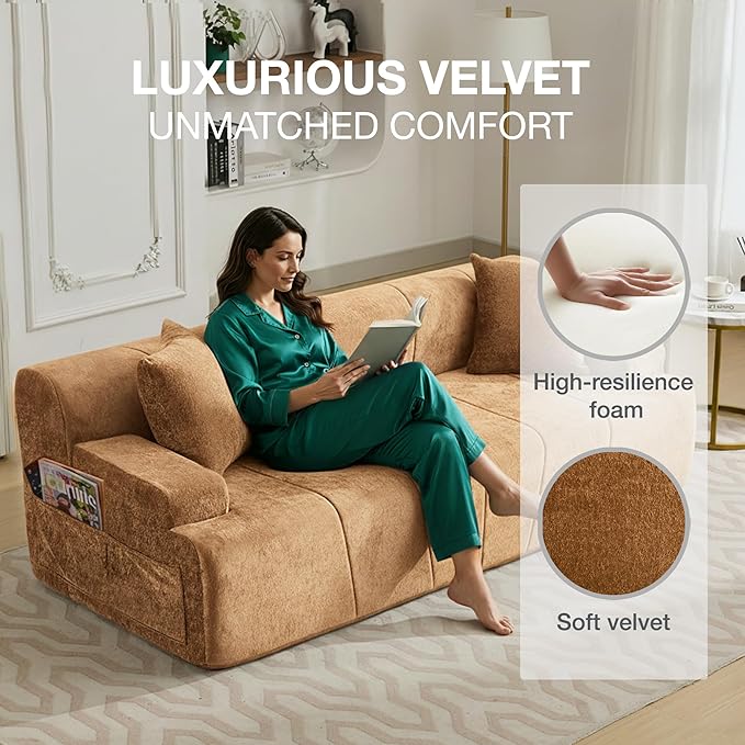 82.7 Modern Velvet Boneless Couch Ultra Comfy 3-Seater Sofa for Living Room Bedroom Home Office No Assembly Required (Brown)