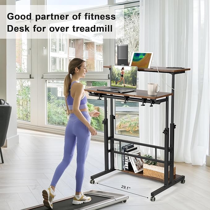 Hadulcet Mobile Standing Desk Adjustable Height Rolling Desk Stand Up Desk Mobile Laptop Desk Rolling Computer Desk with Charging Station Portable Desk with Wheels Rustic Brown