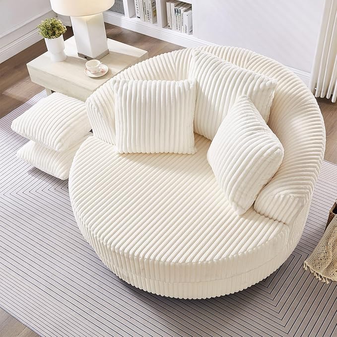 360 Degree Oversized Swivel Chair 50 Round Lounge Chair Modern Accent Circle Chair W/ 5 Pillows Upholstered Corduroy Sofa Chair for Living Room Bedroom Apartment Beige