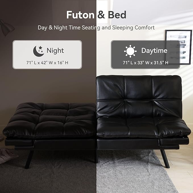 Convertible Futon Sofa Bed71 Modern Premium Faux Leather Futon Couch with Adjustable Backrest&ampArmrestSmall Loveseat Sleeper SofaDorm Futonsofa for ApartmentLiving RoomBlack