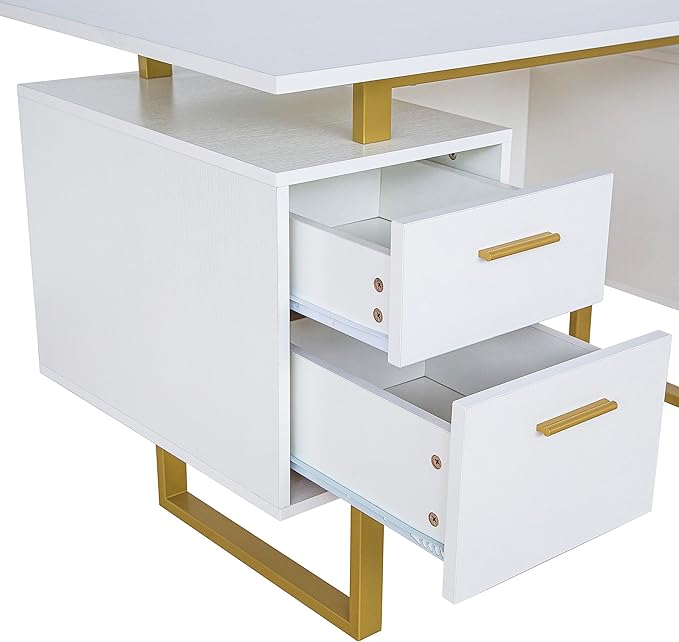 Techni Mobili Storage Drawers and Cabinet 51.25” W-Modern Office Large Floating Desktop Surface Desk 23.6 D x 51.2 W x 29.8 H White/Gold