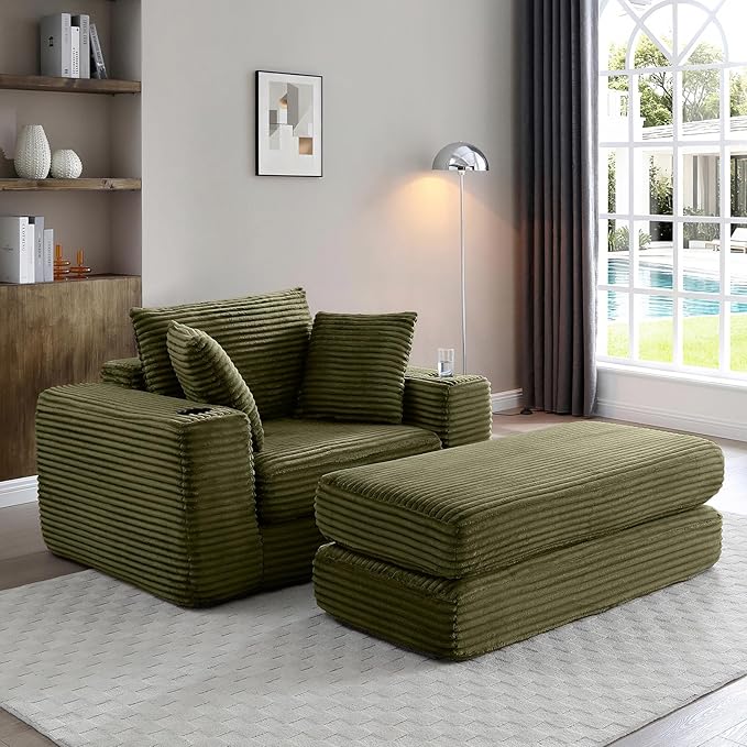 Antetek Boneless Corduroy Chaise Lounge Chair Indoor 52-inch 4-in-1 Folding Convertible Sofa Bed w/Cup Holders Modern Cozy Reading Accent Chair for Living Room No Assembly Green