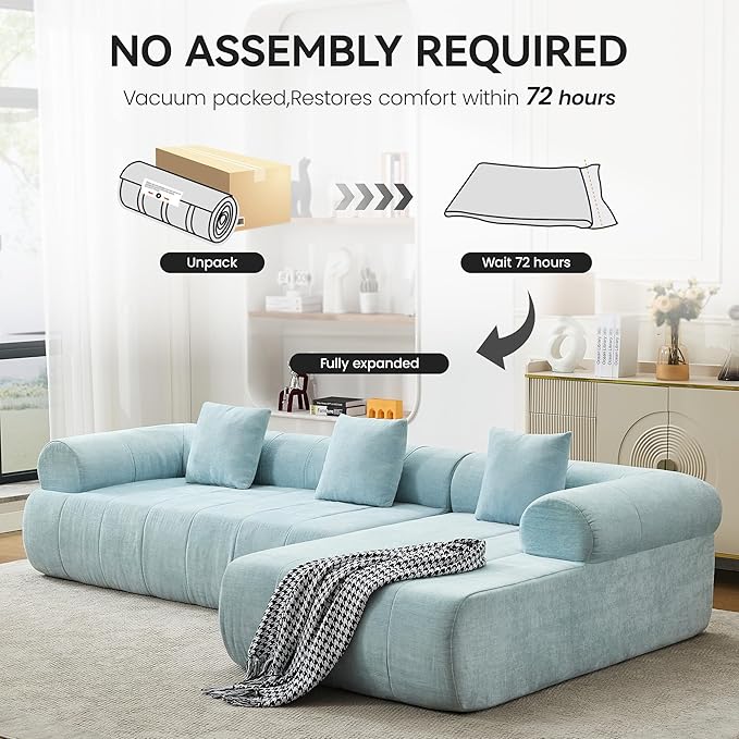 119'' Boneless Curved Sectional Couch Cloud Deep Seat L Shaped Sofa with Right Chaise LoungeModular Compression Couch for Living Room No Assembly Blue