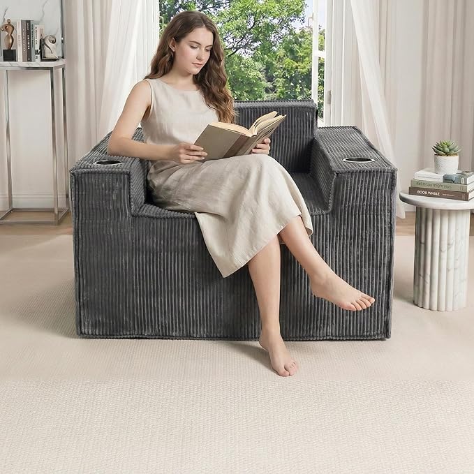 Cloud Single SofaChaise Lounge Chair with Cup Holder &amp Side PocketElevated Seat HeightNo Assembly RequiredBoneless Corduroy Chair for Small SpaceBedroomOffice (Grey Single Sofa)