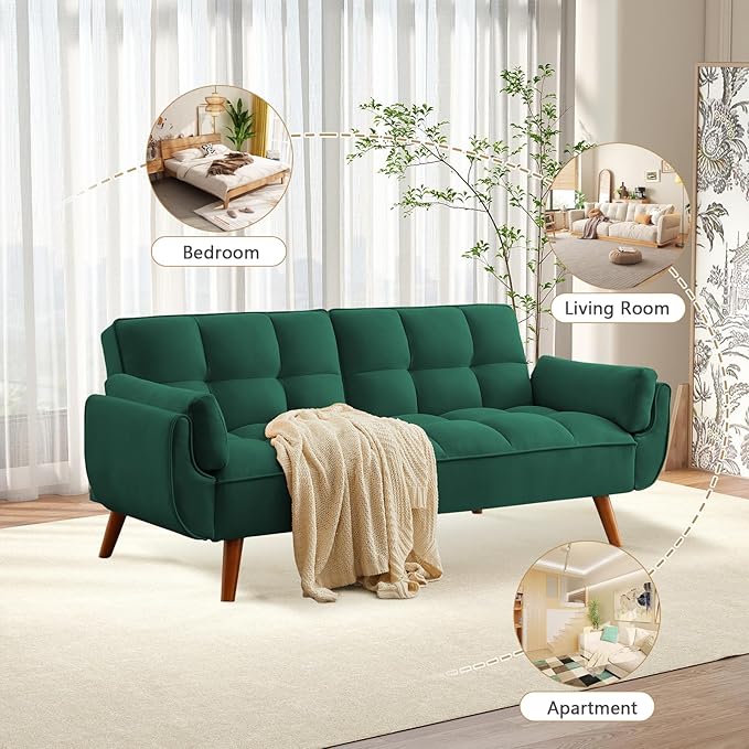 75 Convertible Futon Sofa Bed Sleeper Couch Bed with Adjustable Backrest Small Couches for Small Spaces Living Room Bedroom and Office (Green)
