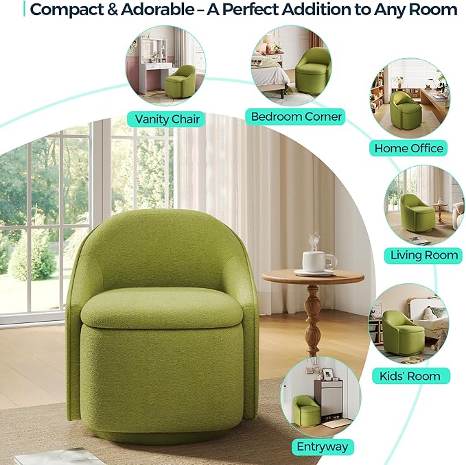 LINSY Swivel Accent Chair with Storage Comfy Chenille Barrel Chairs Small 360 Swivel Modern Armchair for Living Room Bedroom Boucle Reading Chair for Study Room (Green)