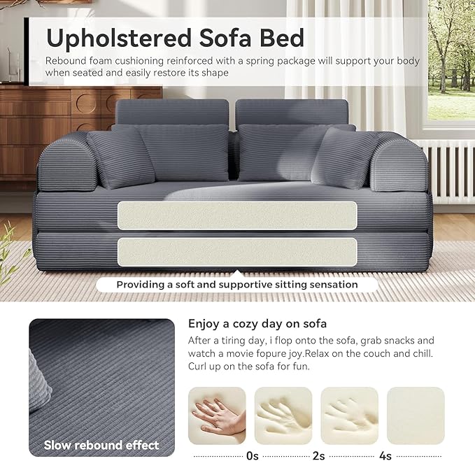 79'' Upgrade High Backrest Sofa Bed with Fixed Frame Removable Armrests &amp Backrest Corduroy Fabric Convertible Couch for Small Spaces No Assembly Needed (High Backrest Dark Gray)