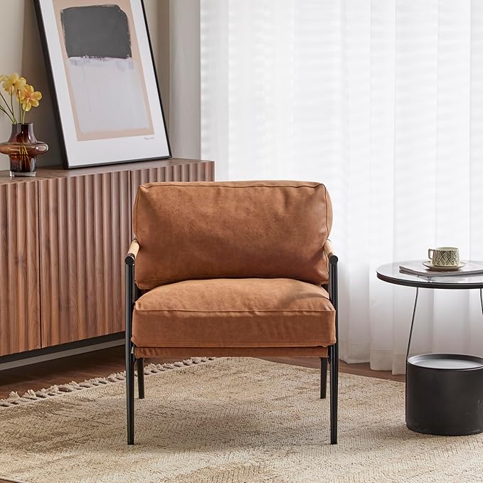 Merax Modern Accent Chair with PU Leather Cushions and Wooden Armrest Design Living Room Accent Chair with Metal Frame for Living Room Bedroom or Office Seating Easy Assembly Brown(PU Leather)