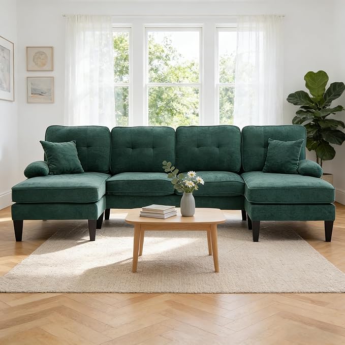 100'' U-Shaped Sectional Sofa with Double Chaise Minimalist 4-Seater Couch with 2 Pillows Sofa Set with Arm &amp 2 Side Pocket for Living Room Apartment (Green)