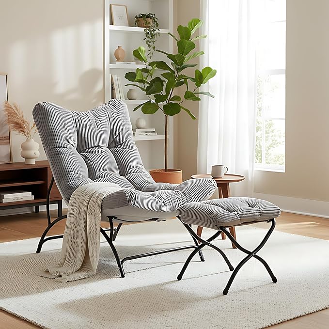 Welnow Modern Accent Chair with Ottoman Upholstered Comfy Lounge Recliner Sofa Thick Cushion Oversized Lazy Reading Chair with Footrest for Living Room Bedroom Apartment Office Dorm Light Grey