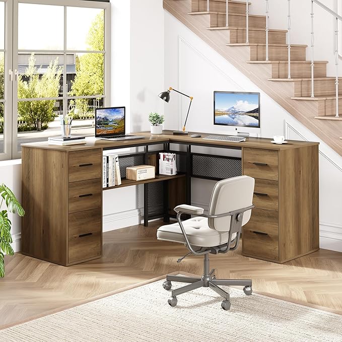 HSH Large L Shaped Home Office Desk with Drawers Rustic L-shaped Computer Desk with Storage File Cabinet Shelves Corner Reversible Metal Wood Executive Work Study Writing Table 59 Inch Bedroom Desk