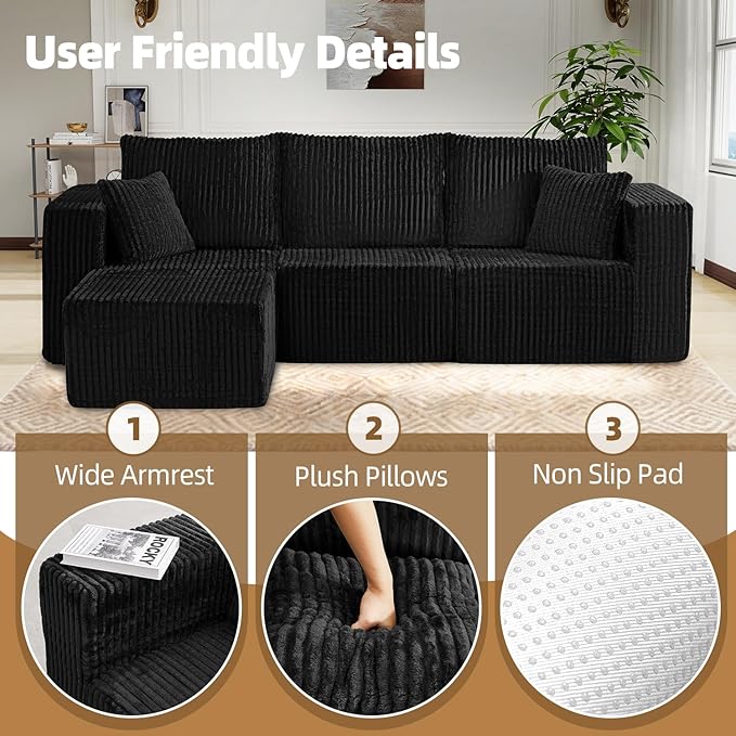 98 Modular Sectional Sofa L-Shaped 3 Seater Boneless Couch with Ottoman Modern Cloud Sectional Couch Deep Seat Sofa for Living Room Bedroom Apartment No Assembly Required Black