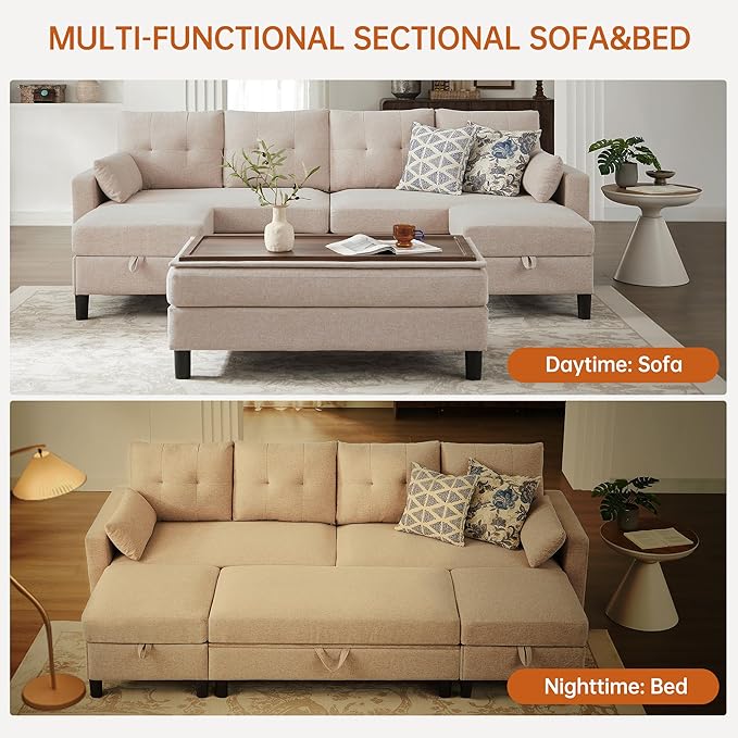 Convertible Sectional Sleeper Sofa with Storages 100 U Shaped 4 Seater Couch with 2 Movable Ottomans and 1 Ottoman Bench Polyester Fibre for Living Room Beige