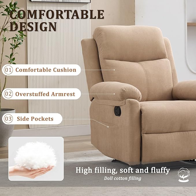 Recliner Chairs Small Recliners for Small Spaces Manual Recliner for Adults with Side Pockets Adjustable Overstuffed Comfy Corduroy Reclining Chair for Living Room Bedroom Reading Khaki