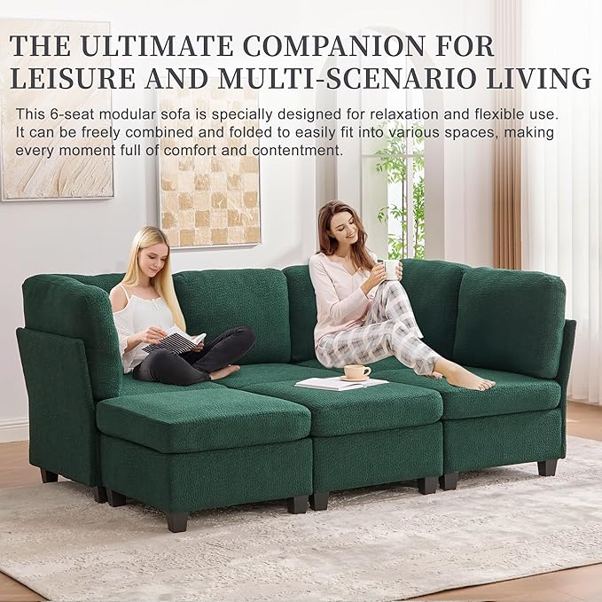 U Shaped Modular Sectional Sofa Couch with Storage Ottoman 6 Seat Convertible Upholstered Deep Seat Sofa with Chaise Lounge Comfy Cloud Couch for Living Room Emerald Green
